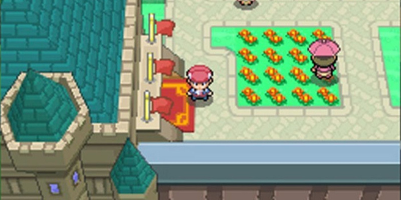   Pokemon Platinum-hoofdrolspeler naast NPC met paraplu