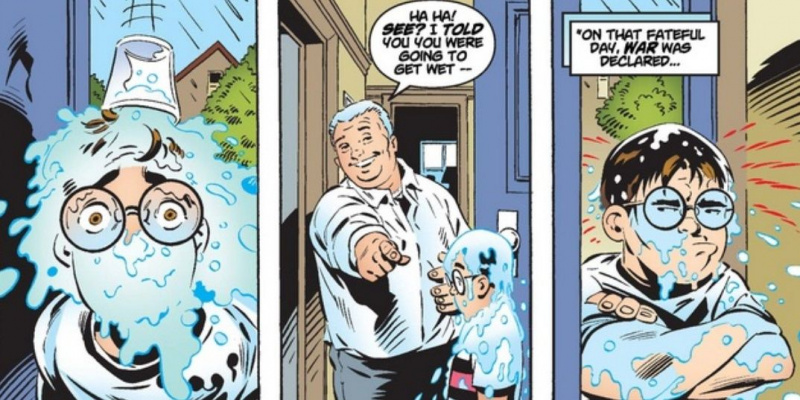   Oncle Ben jette un seau d'eau sur le jeune Peter Parker