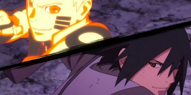   Naruto ja Sasuke hymyilevät vastaan ​​Momoshiki Borutossa.