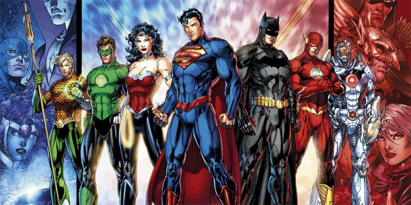   A New 52 Justice League képregényes háttér előtt pózol