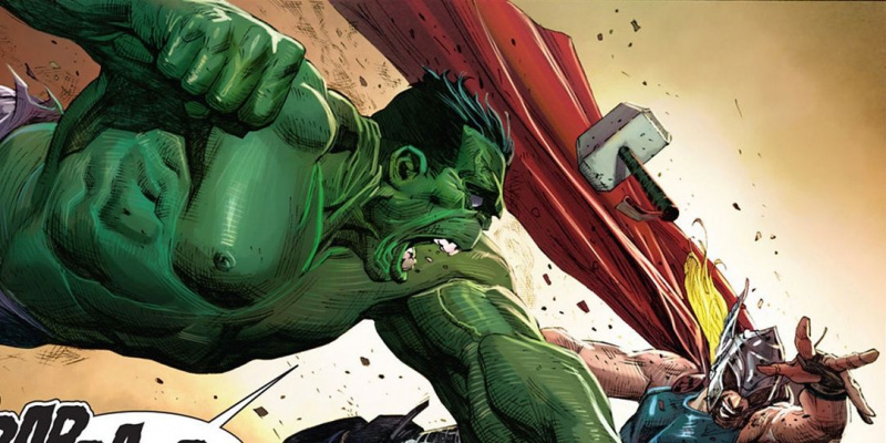   Et billede af Hulk, der slår Thor