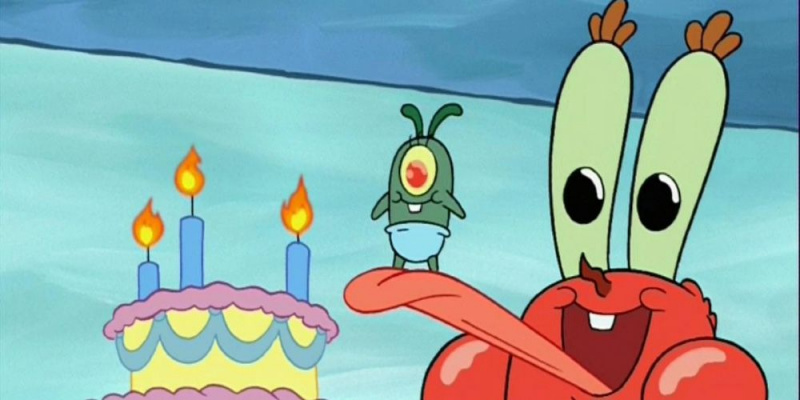   Mr. Krabs e Plankton comemorando seu aniversário compartilhado