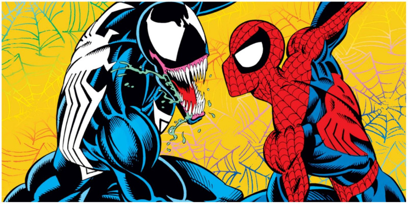   Venom v Marvelovih stripih z odprtimi usti zareži na Spider-Mana