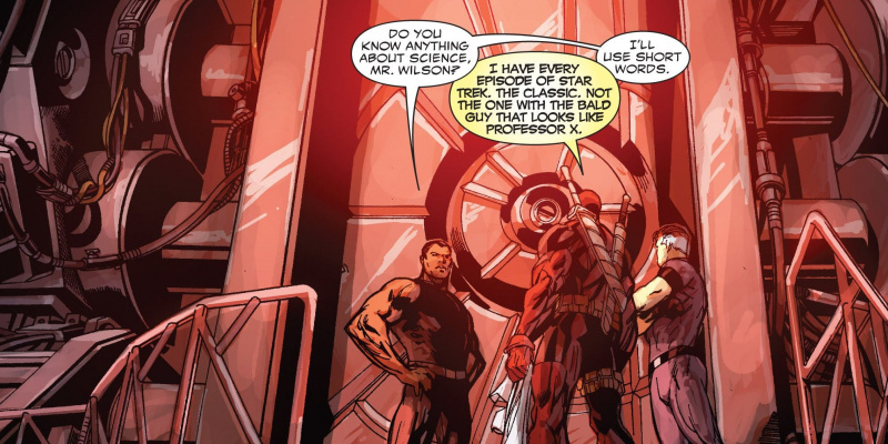   Deadpool parla amb Reed Richards i T'Challa about science and Star Trek.