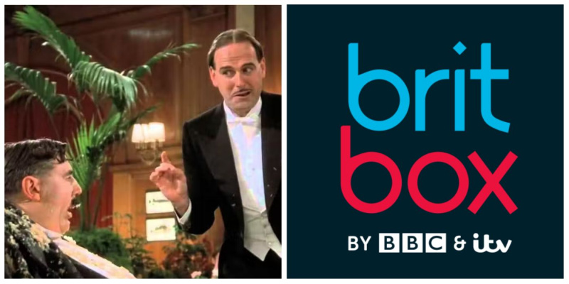   BritBox-logo opdelt med et stillbillede fra Monty Python's Meaning of Life