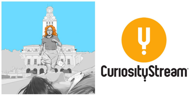   Curiosity Stream Logotyp delad med stillbild från Documentary Film Tower