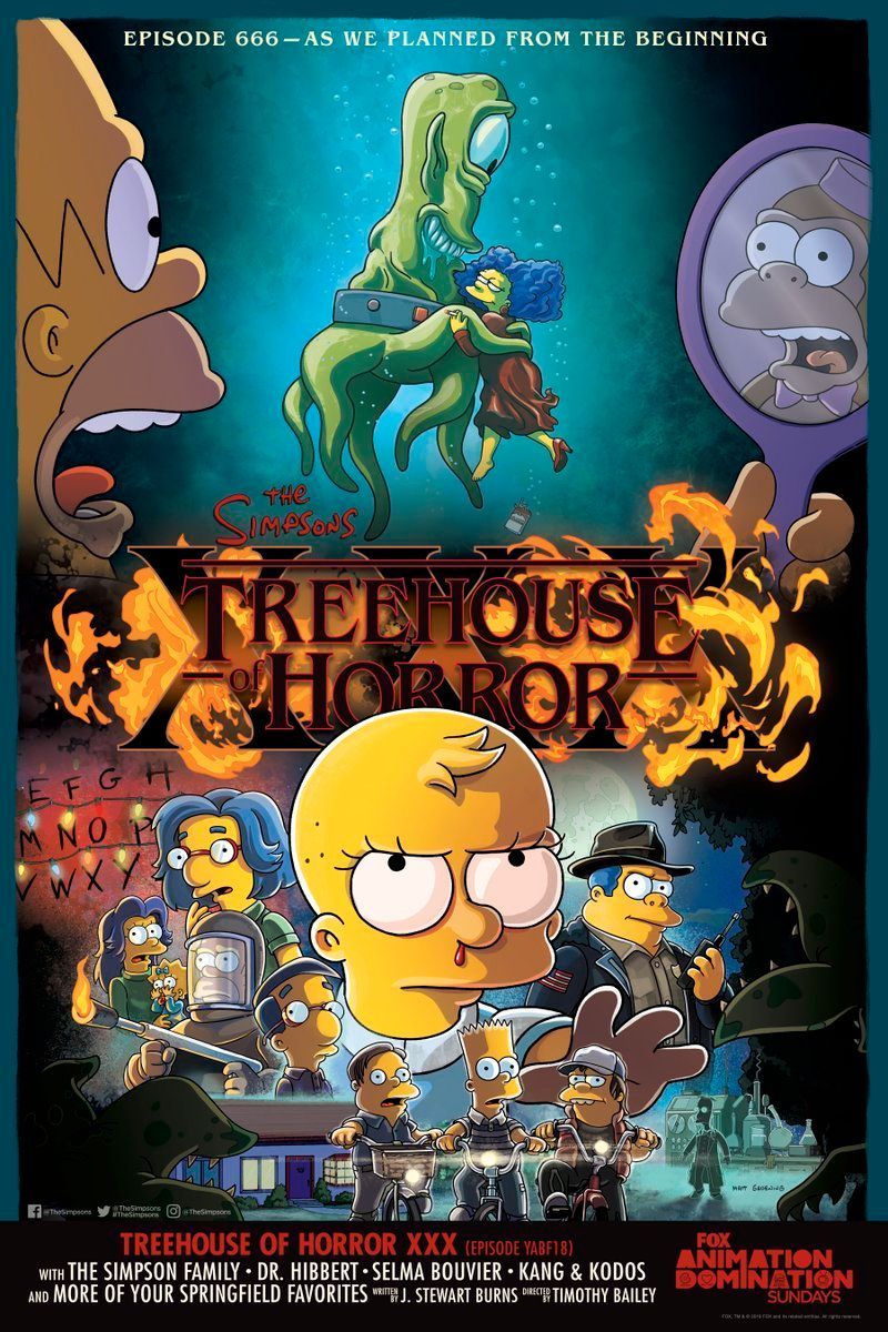 Simpsonu iesmiņu svešās lietas šausmu treehouse XXX plakātā