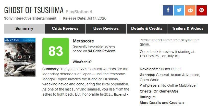 Metacritic aizkavē Tsushima Ghost lietotāja rādītāju pēc pēdējās reakcijas